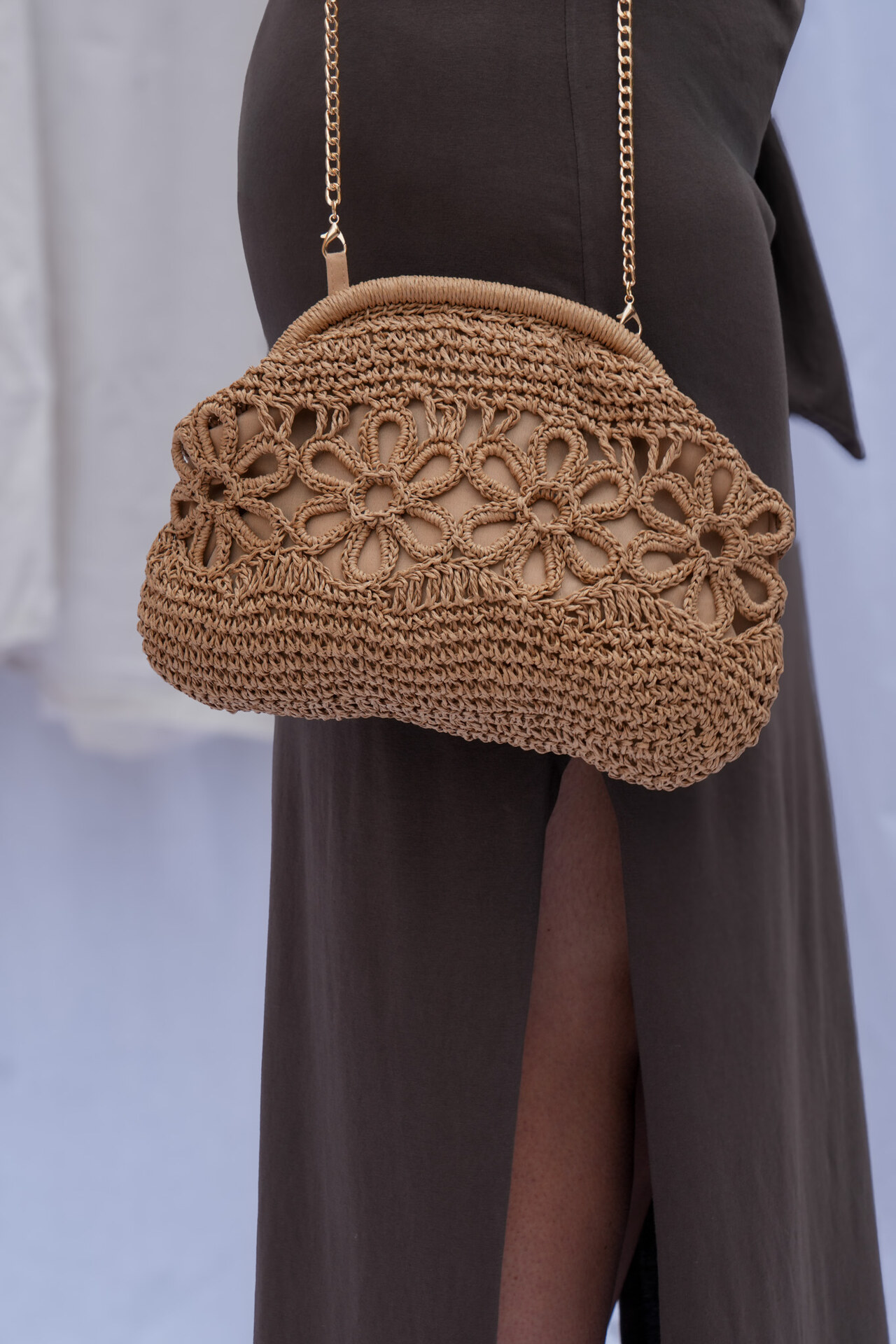 Sac pochette - Raphia fleurs - brun — vue 3