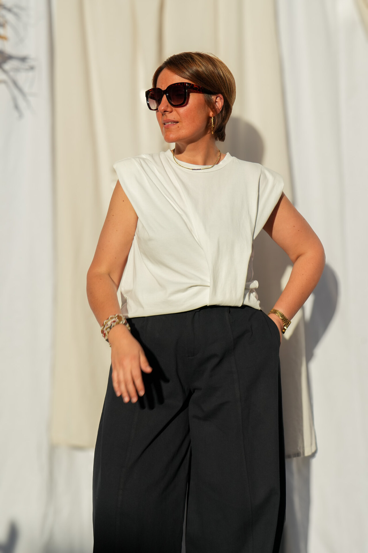T-shirt avec épaulettes et noeud - Blanc — vue 3