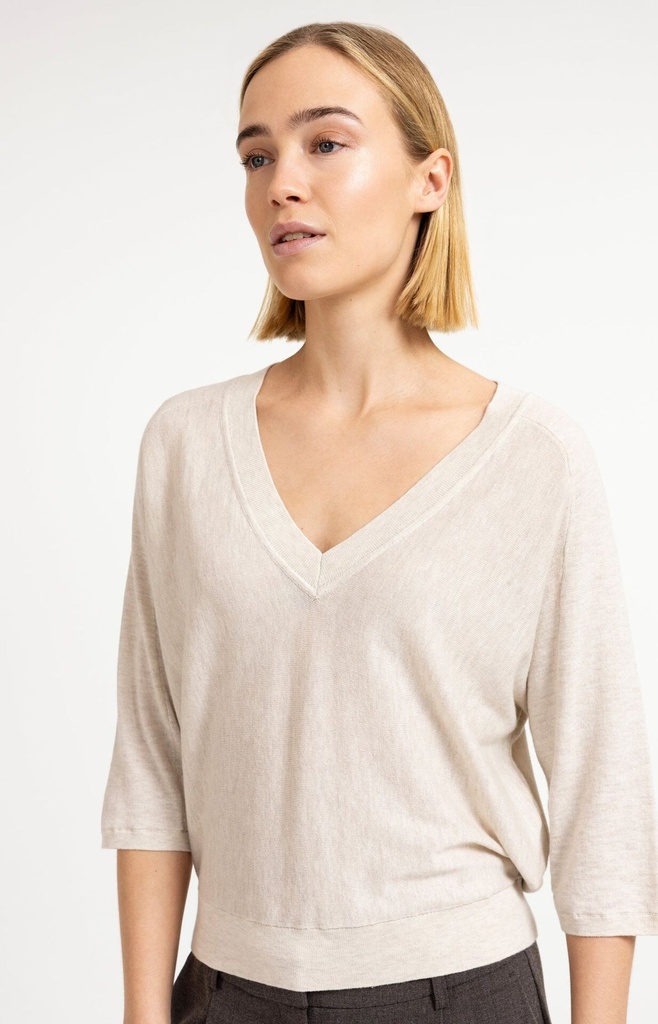 Pull col V, manches 3/4 et coutures apparentes - YAYA - Beige Melange — vue 4
