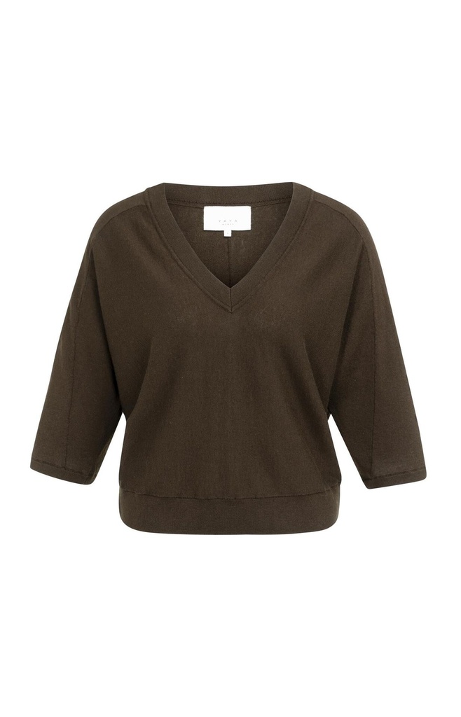 Pull col V, manches 3/4 et coutures apparentes - YAYA - Delicioso Brown Melange — vue 2