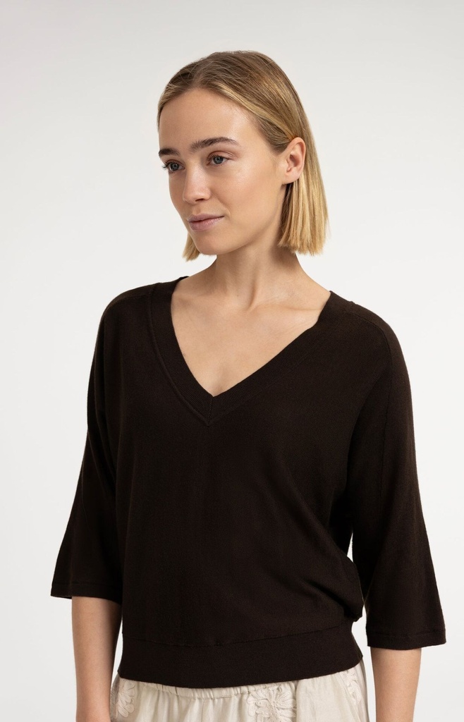 Pull col V, manches 3/4 et coutures apparentes - YAYA - Delicioso Brown Melange — vue 5