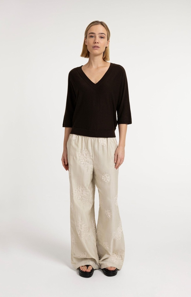 Pull col V, manches 3/4 et coutures apparentes - YAYA - Delicioso Brown Melange — vue 7
