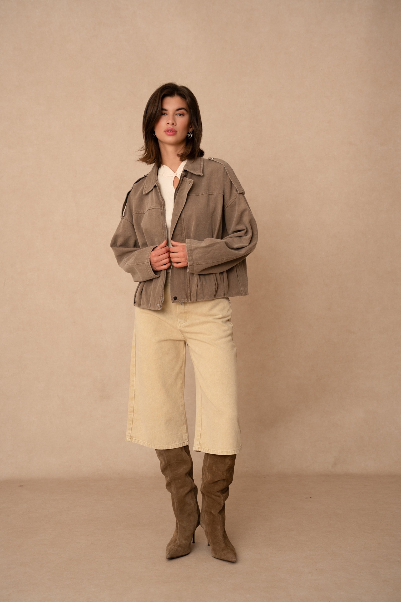 Blouson zippé en coton délavé - Taupe (vue 3)