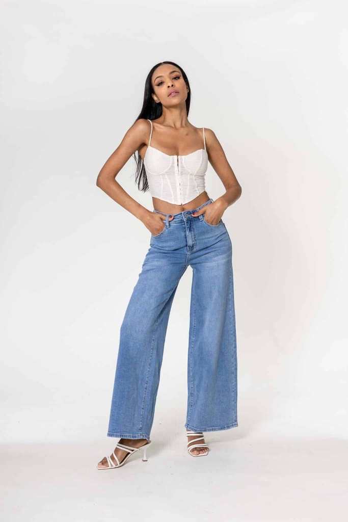 Jeans wide leg uni taille haute - Nathalie - Bleu clair — vue 2