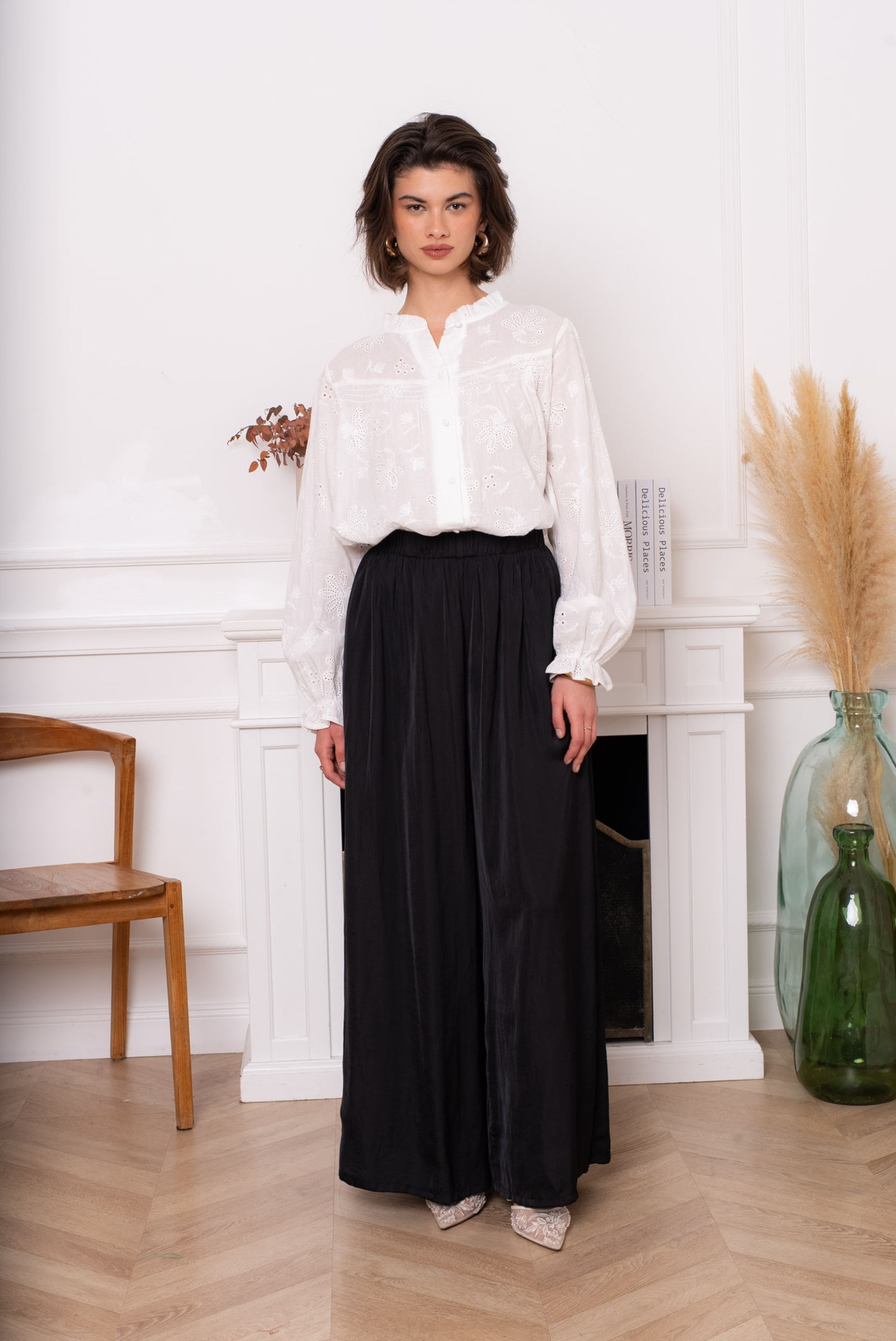 Pantalon large fluide taille élastiquée - Noir (3)