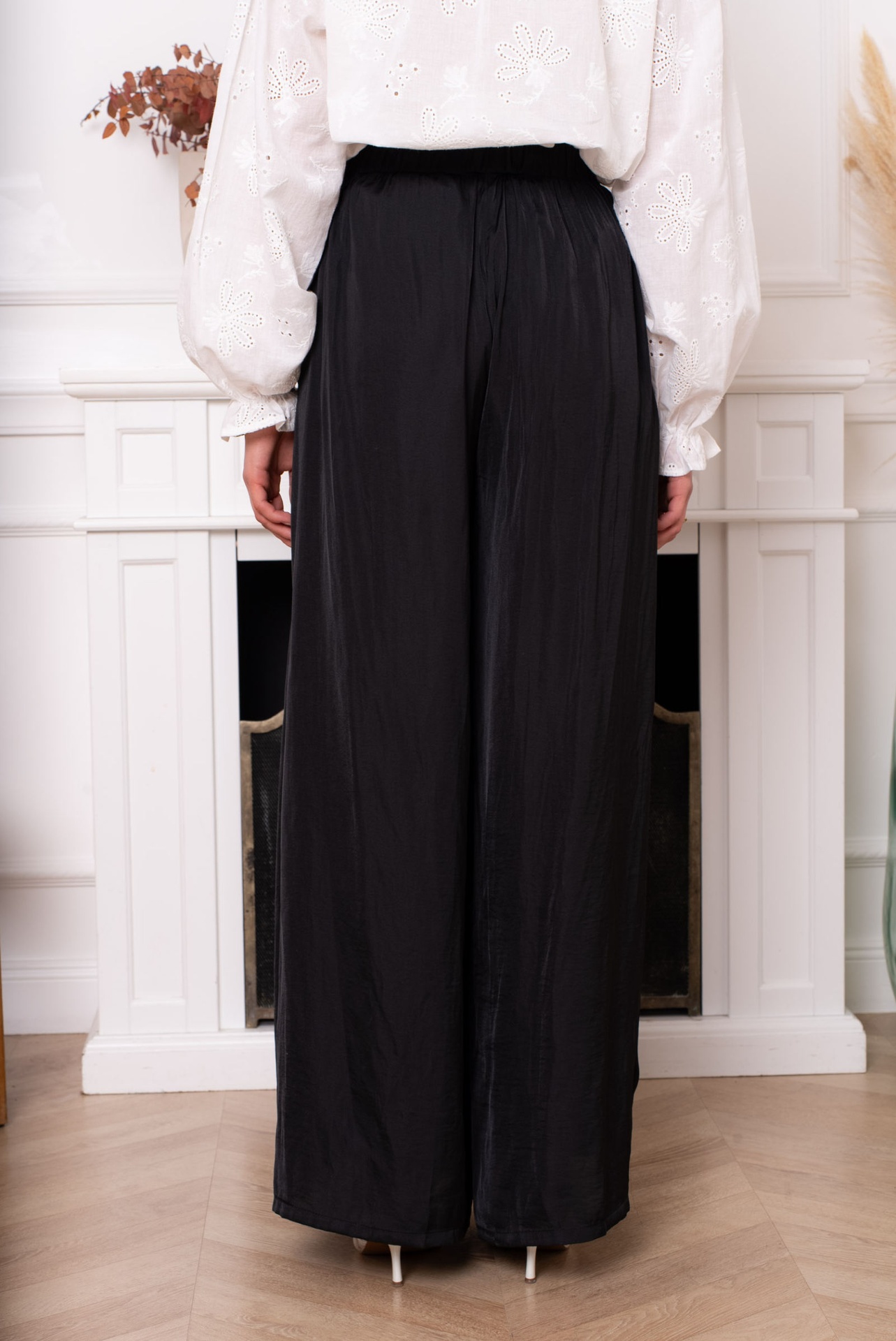 Pantalon large fluide taille élastiquée - Noir (4)