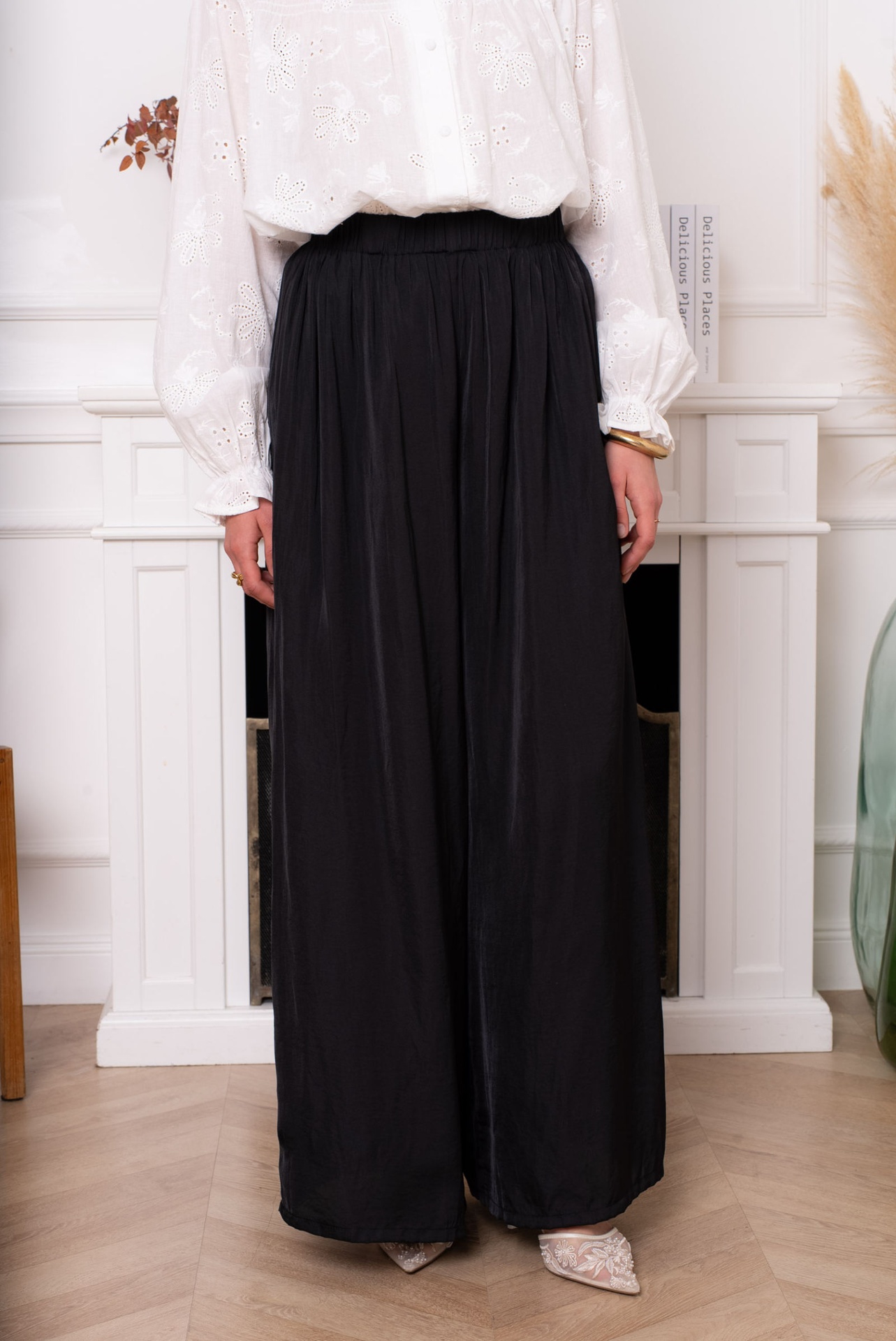 Pantalon large fluide taille élastiquée - Noir (6)