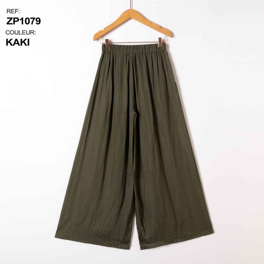 Pantalon large fluide taille élastiquée - Kaki (3)