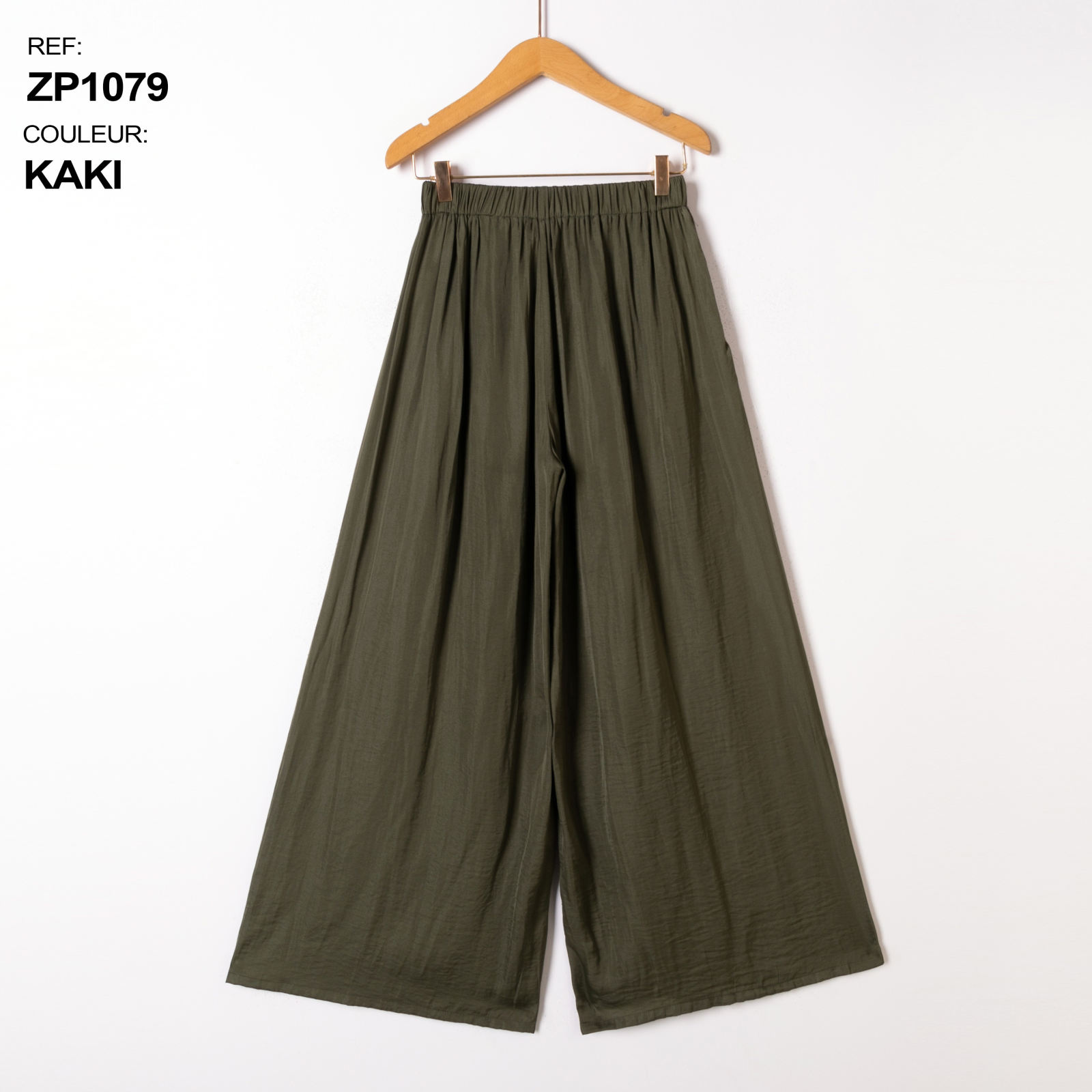 Pantalon large fluide taille élastiquée - Kaki (3)