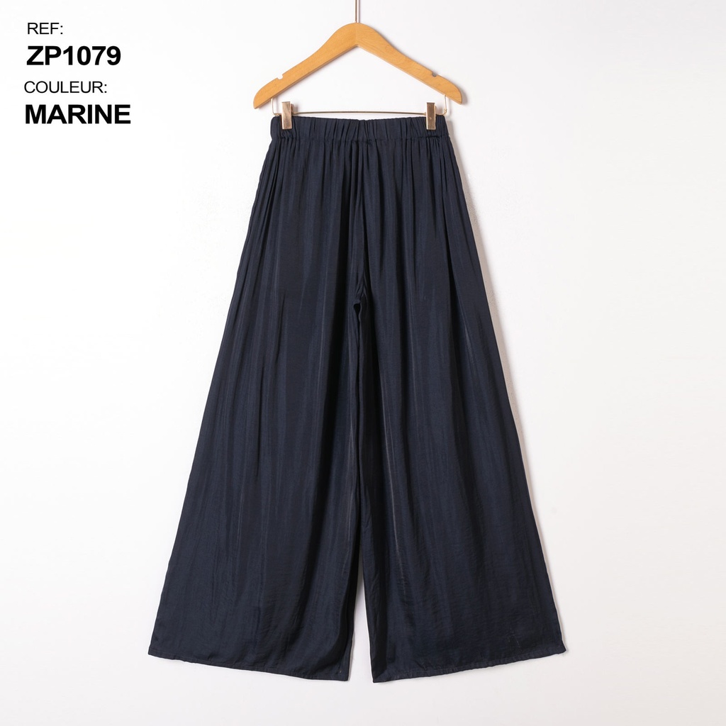 Pantalon large fluide taille élastiquée - Marine