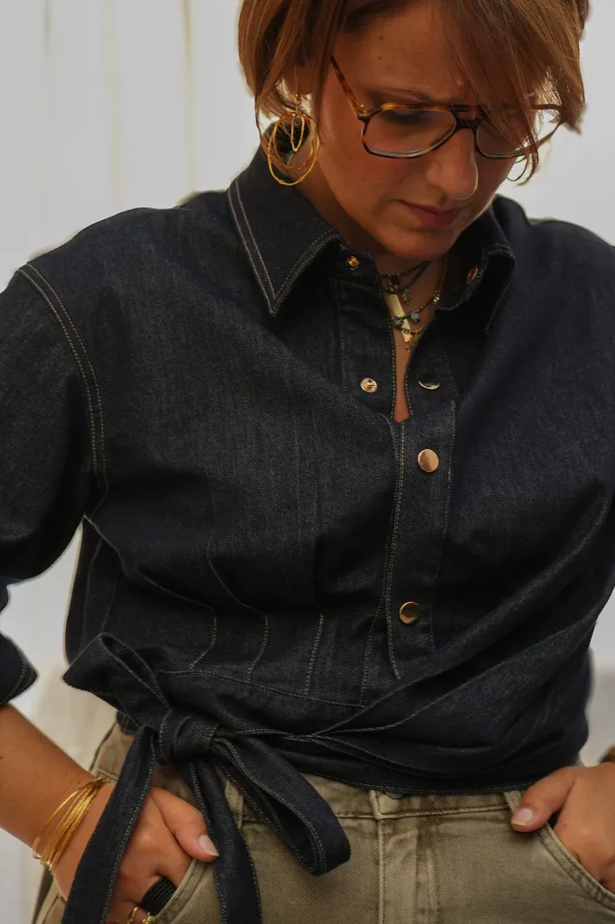 Chemise courte en jean à nouer - Bleu brut