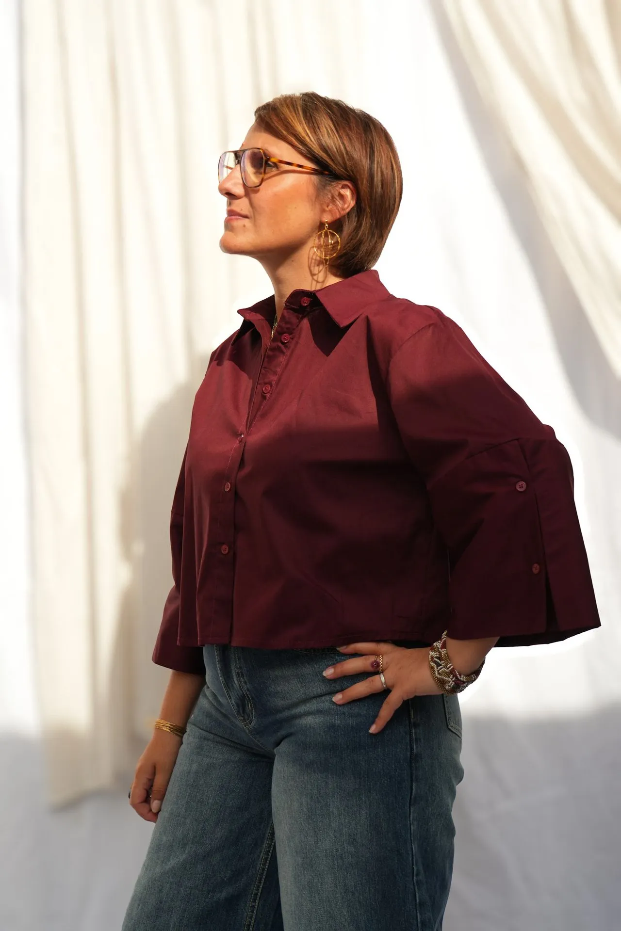 Chemise courte manches kimono - Bordeaux — vue 3