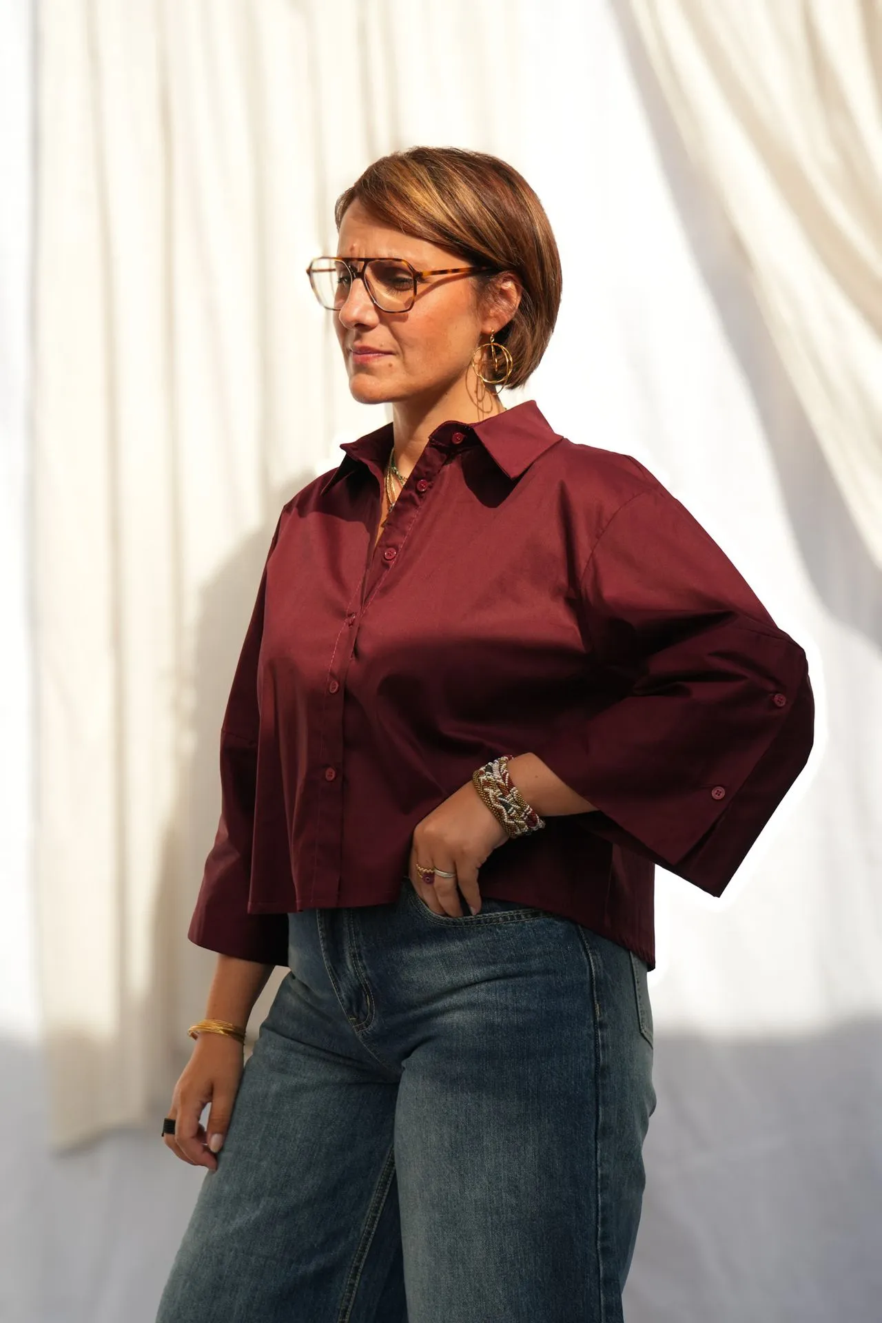 Chemise courte manches kimono - Bordeaux — vue 2