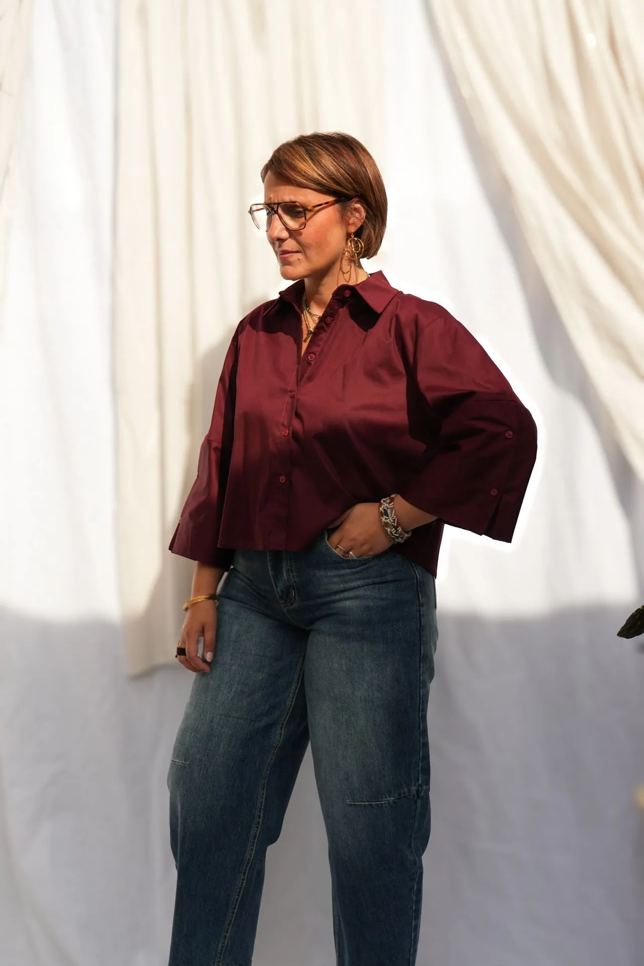Chemise courte manches kimono - Bordeaux — vue 5