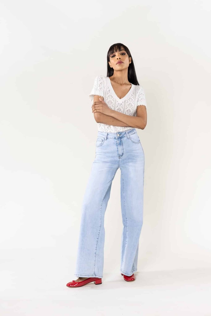 Jeans wide leg uni taille haute - Nathalie - Bleu très clair — vue 2