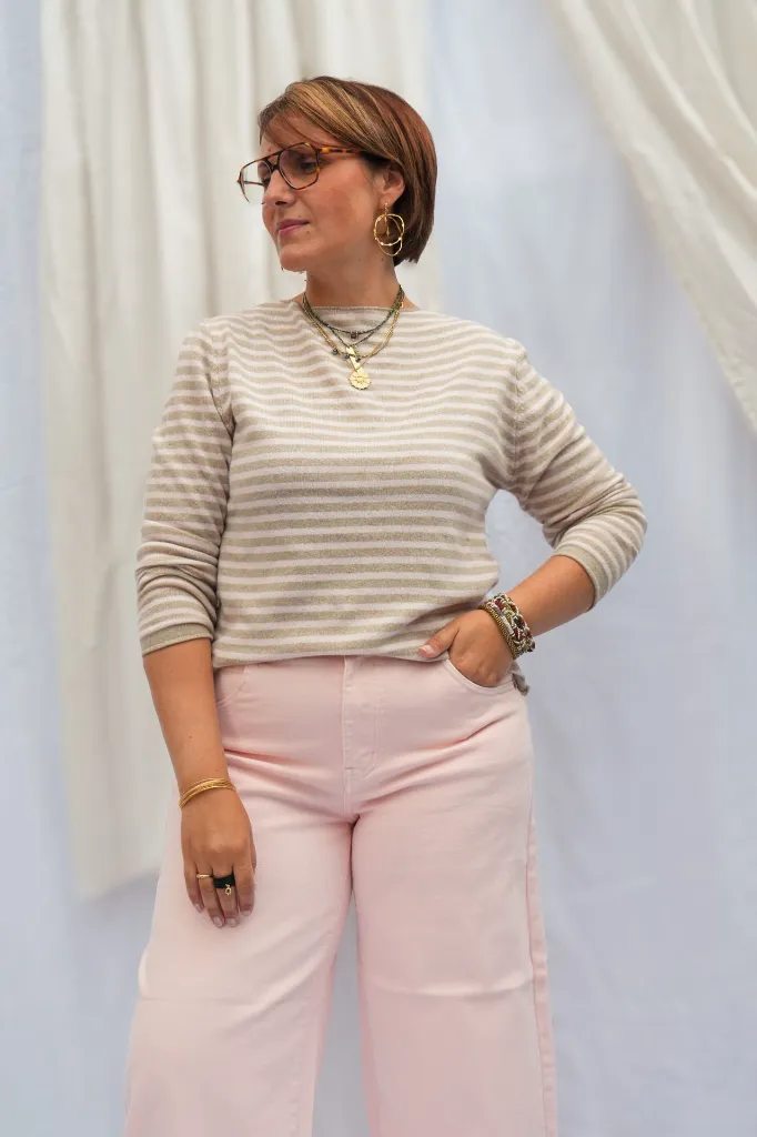 Pull col bateau rayé - Taupe & rose