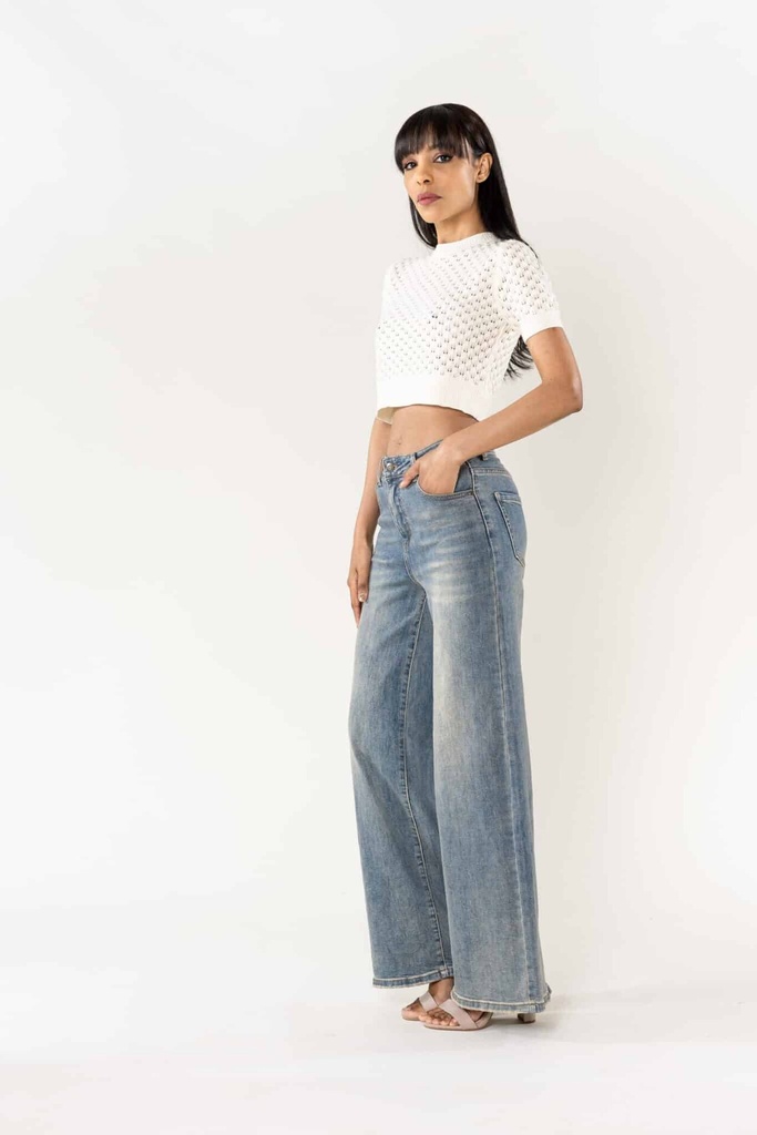 Jeans wide leg uni taille haute - Nathalie - Bleu vintage — vue 3