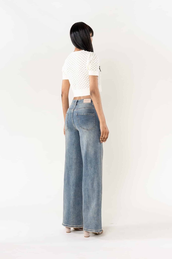 Jeans wide leg uni taille haute - Nathalie - Bleu vintage — vue 4