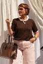 T-shirt maille fine bordures contrastées - Chocolat — vue 4