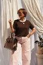 T-shirt maille fine bordures contrastées - Chocolat — vue 5