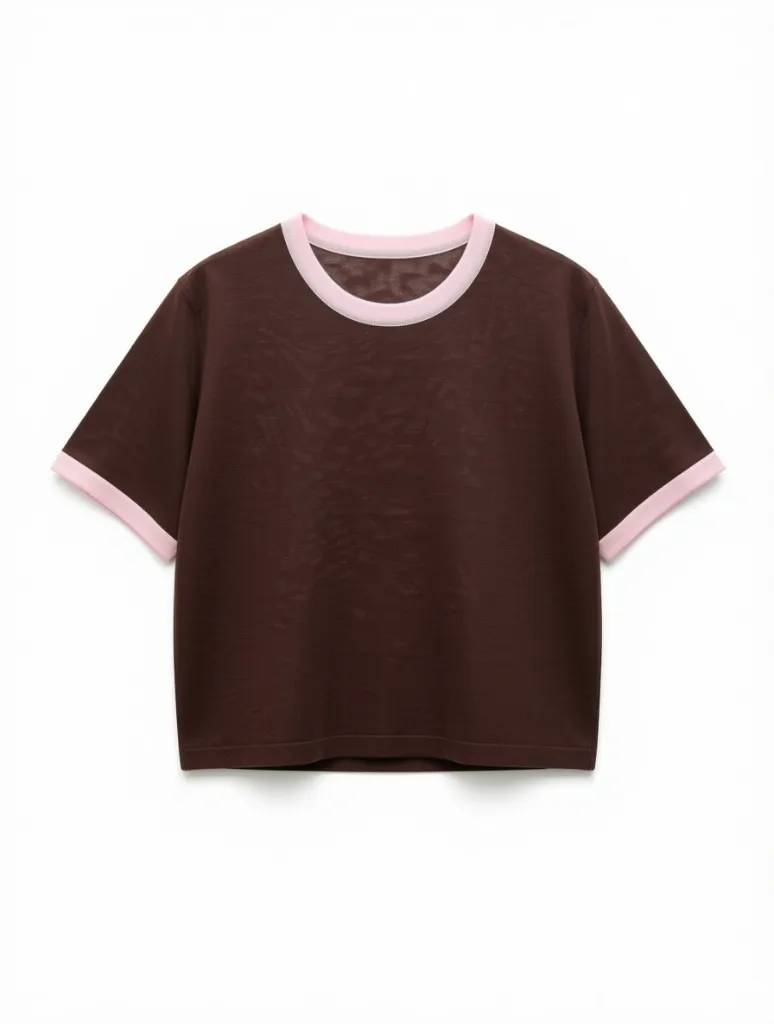 T-shirt maille fine bordures contrastées - Chocolat — vue 6
