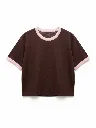 T-shirt maille fine bordures contrastées - Chocolat — vue 6