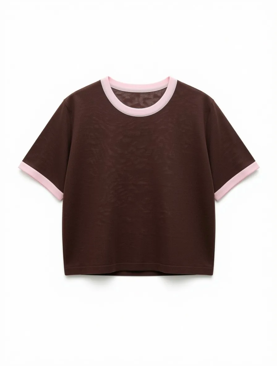 T-shirt maille fine bordures contrastées - Chocolat — vue 6