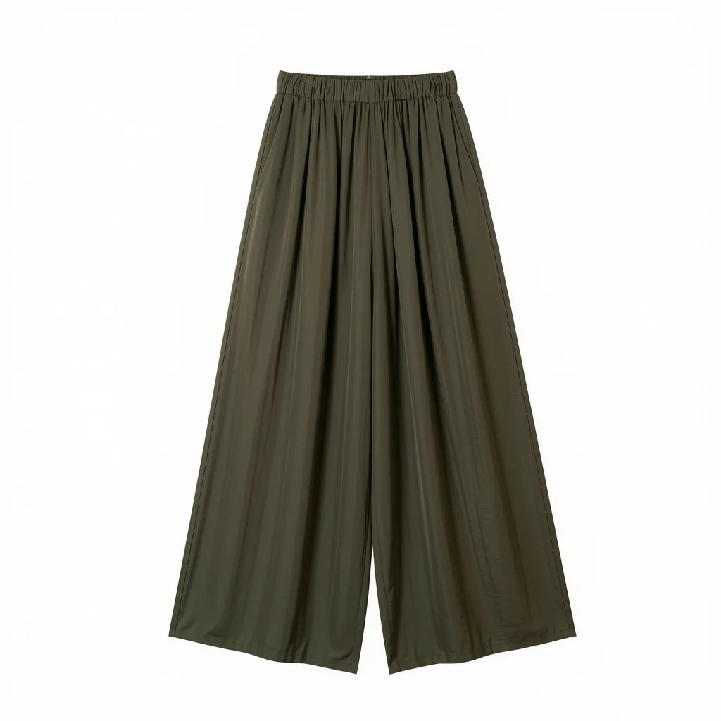 Pantalon large fluide taille élastiquée - Kaki