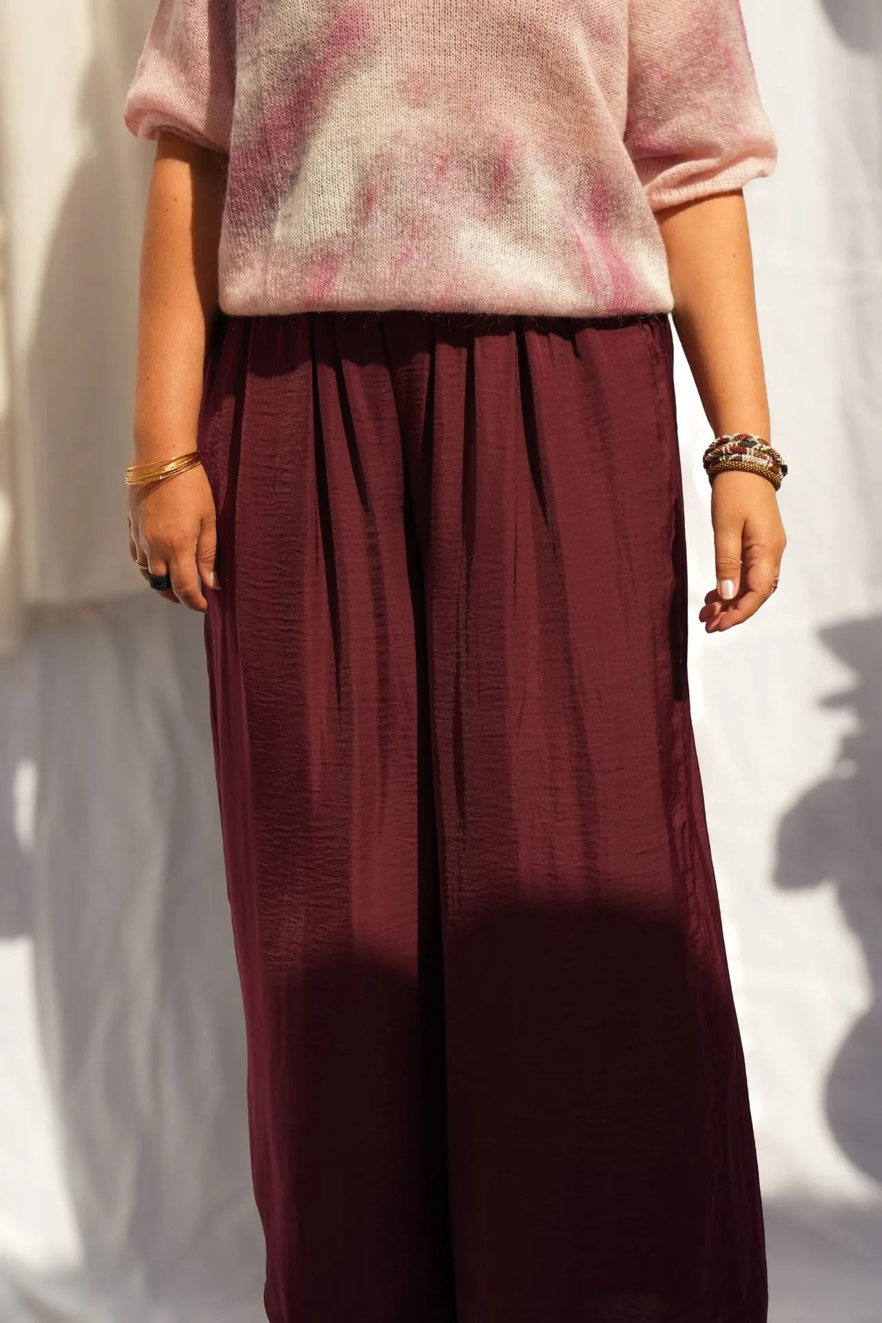 Pantalon large fluide taille élastiquée - Prune — vue 3