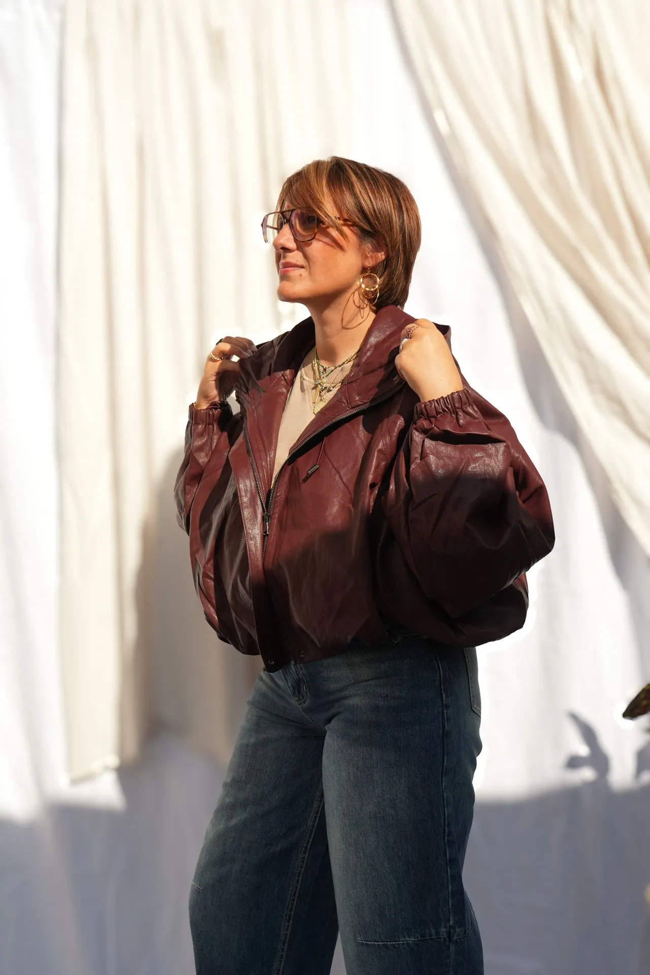 Blouson zippé en simili cuir - Bordeaux — vue 3