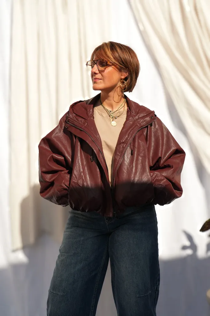 Blouson zippé en simili cuir - Bordeaux — vue 5