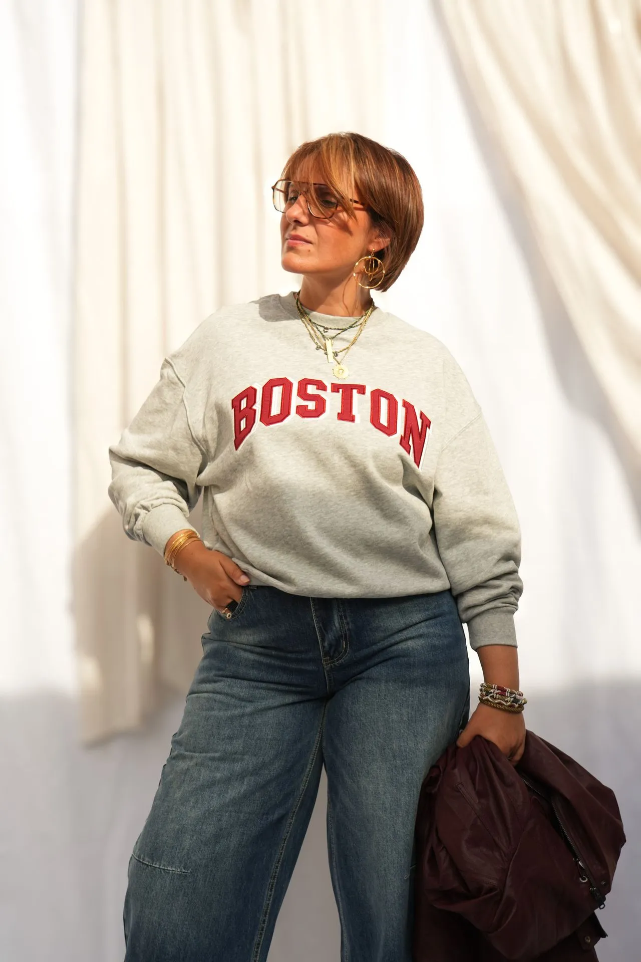 Sweat molletonné lettrage Boston - Gris chiné — vue 3