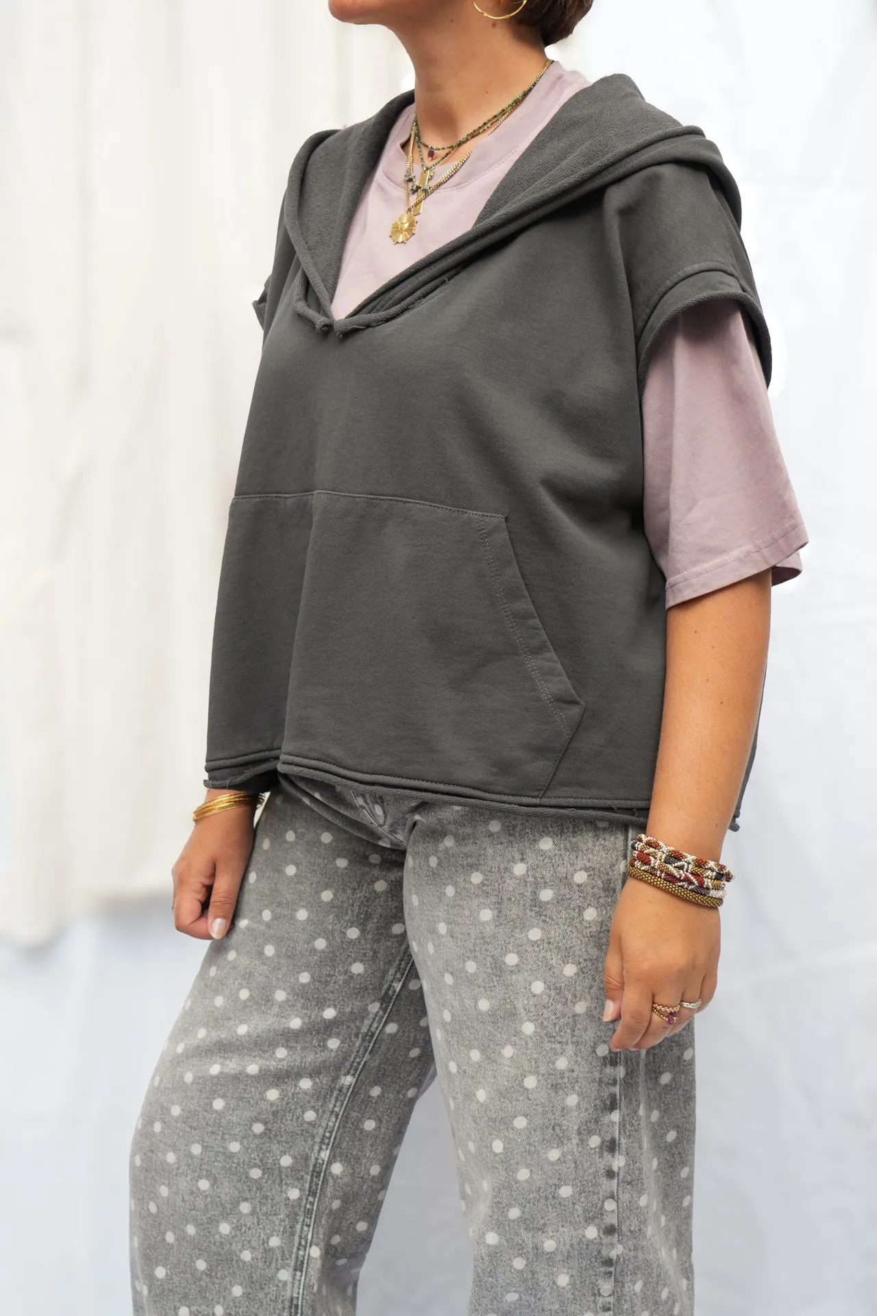 Sweat à capuche sans manches délavé - Gris fumé — vue 2