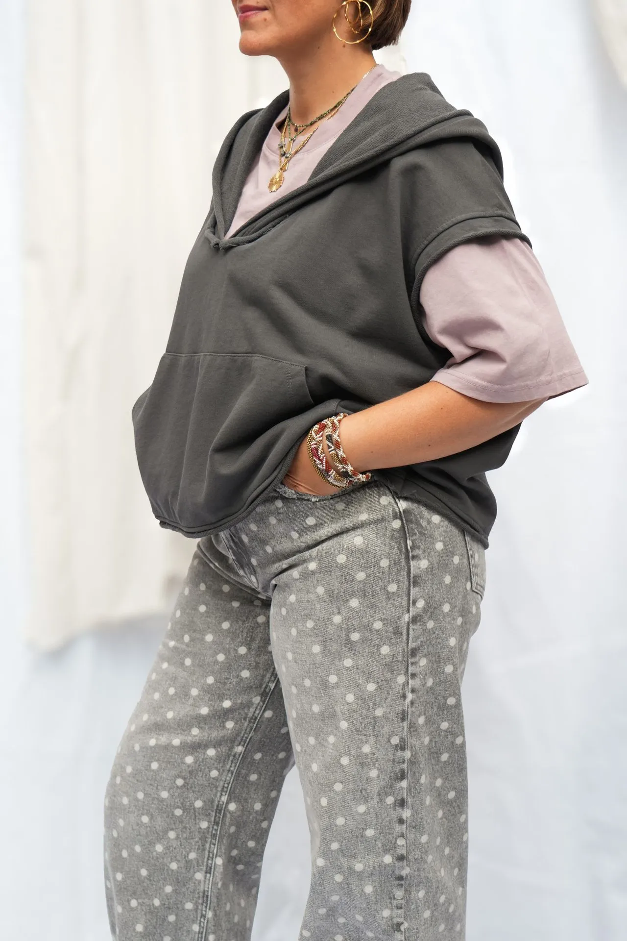 Sweat à capuche sans manches délavé - Gris fumé — vue 3