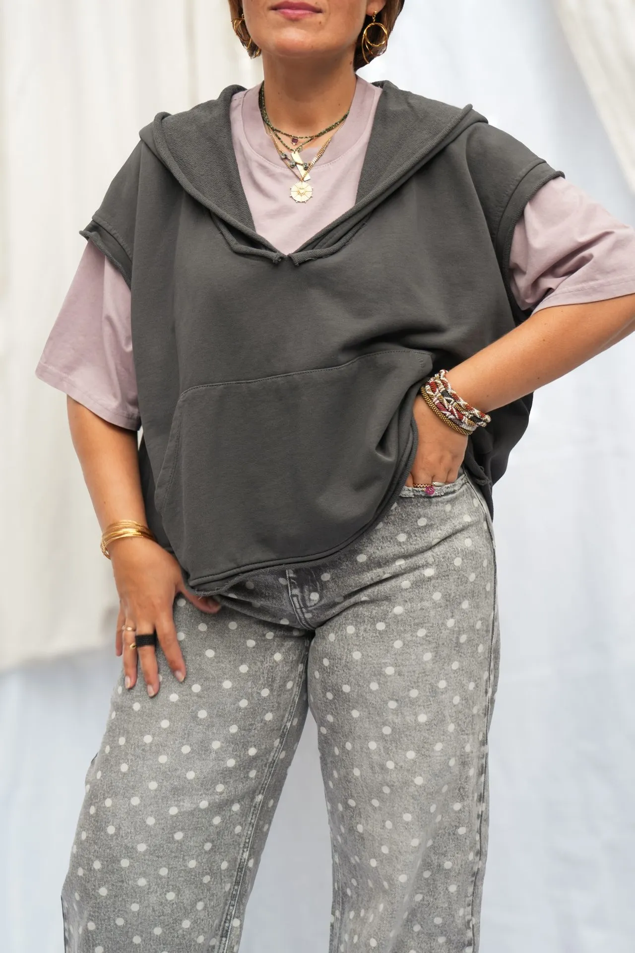 Sweat à capuche sans manches délavé - Gris fumé — vue 4