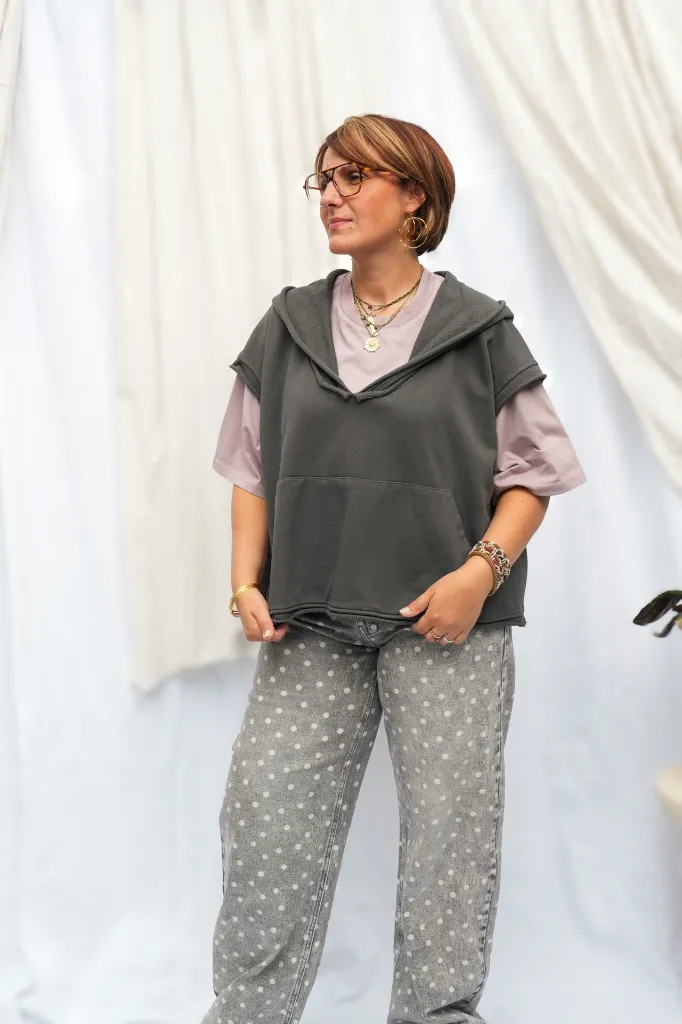 Sweat à capuche sans manches délavé - Gris fumé — vue 5
