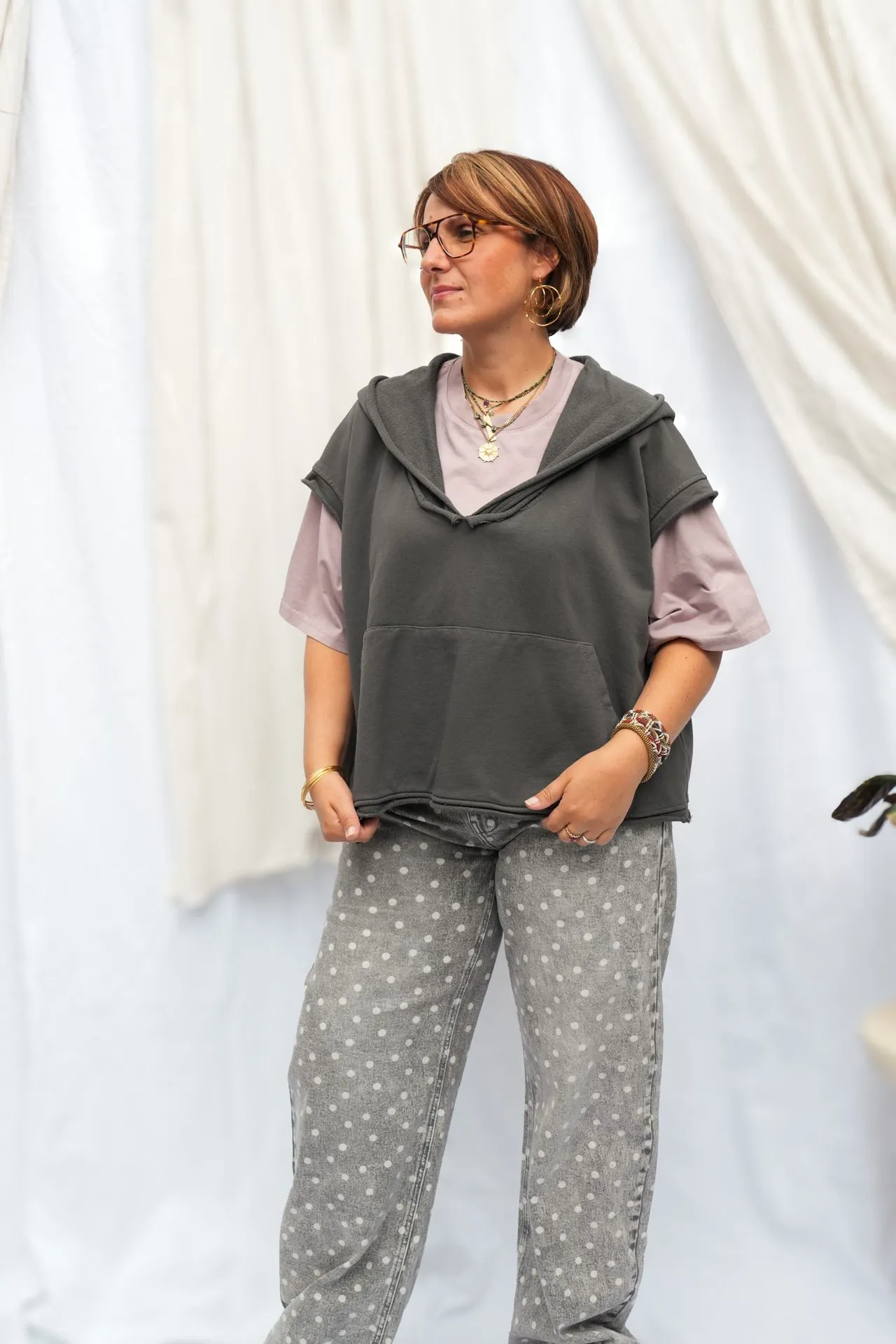 Sweat à capuche sans manches délavé - Gris fumé — vue 5