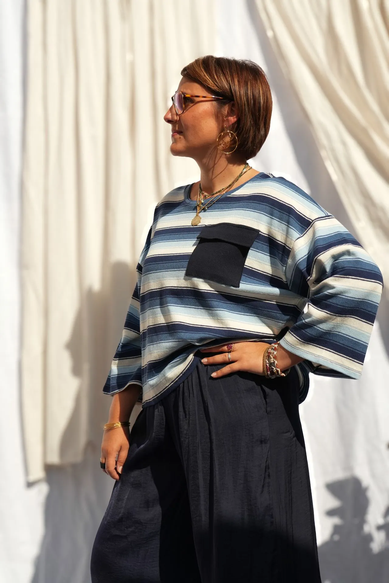 Top rayé manches 3/4 - Marine — vue 3