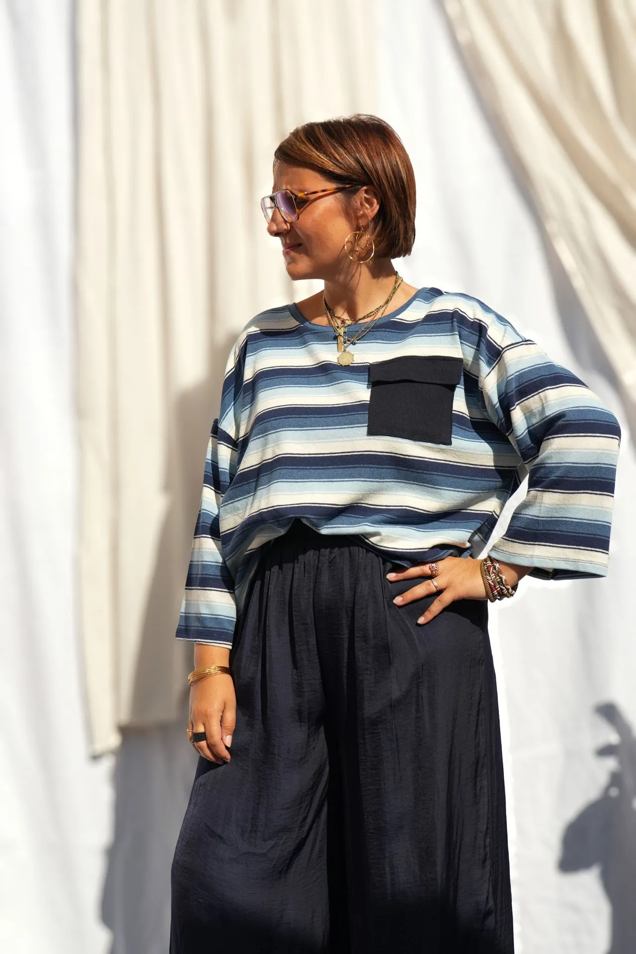 Top rayé manches 3/4 - Marine — vue 5