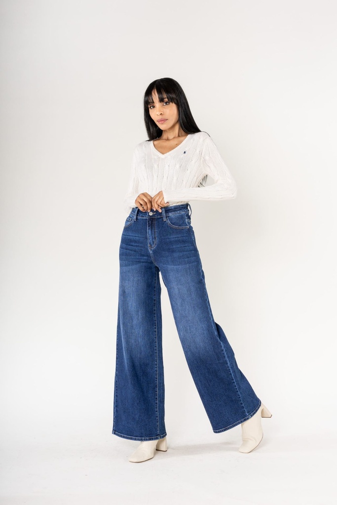 Jeans wide leg uni taille haute - Nathalie - Bleu foncé