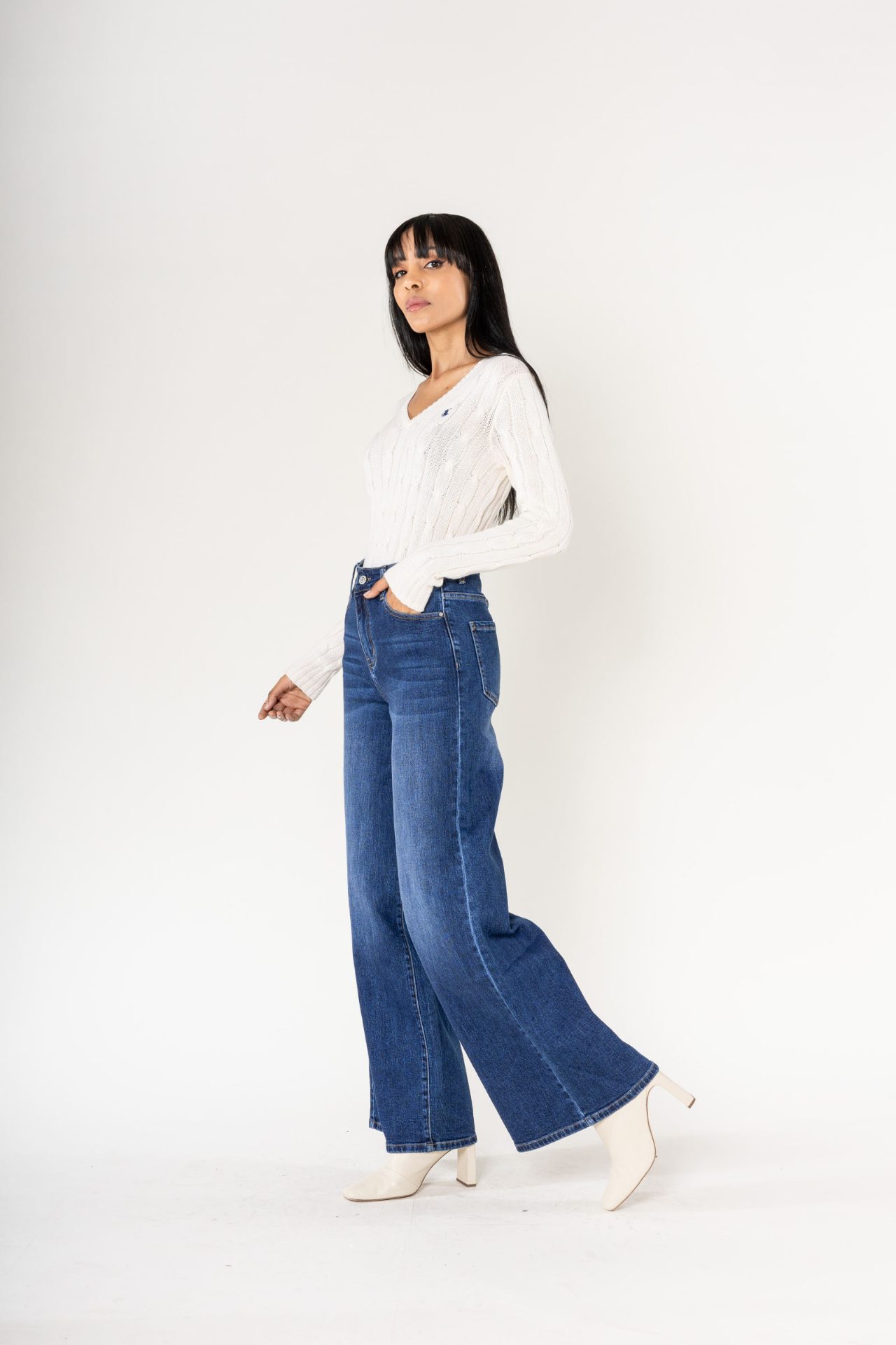 Jeans wide leg uni taille haute - Nathalie - Bleu foncé (3)