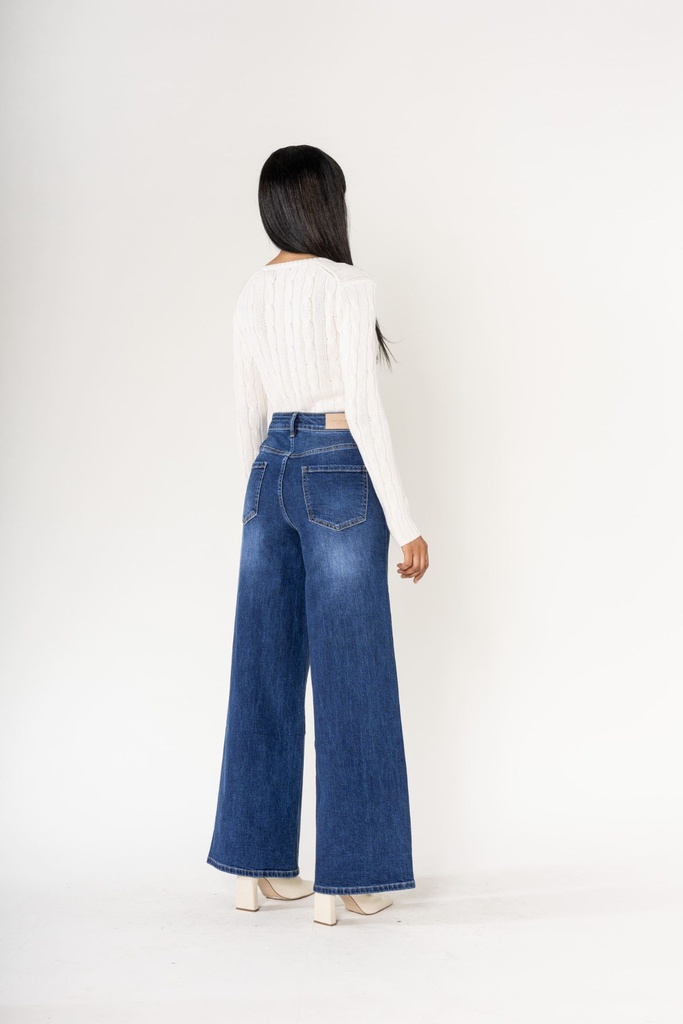 Jeans wide leg uni taille haute - Nathalie - Bleu foncé (4)