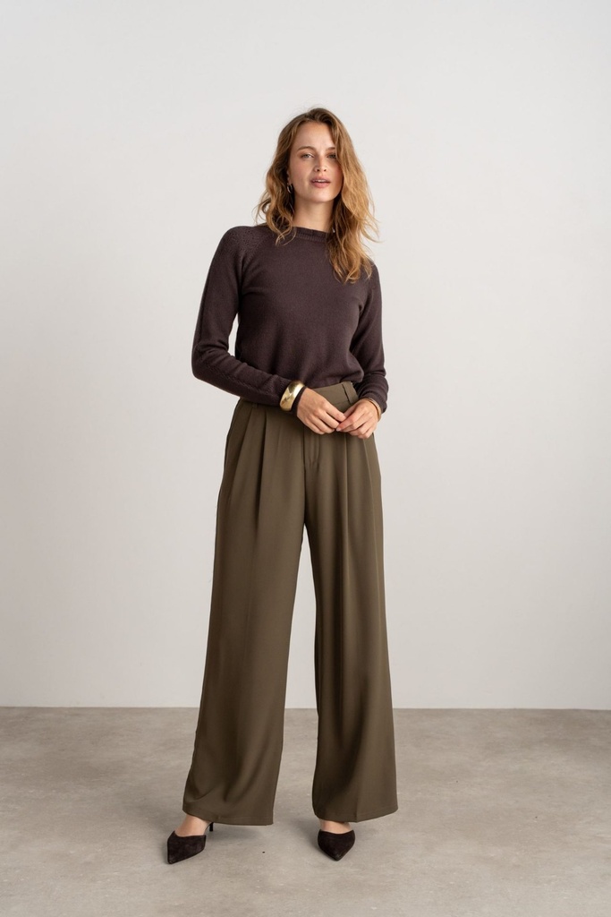 Pantalon de tailleur fluide avec plis plats - Pina - Kaki