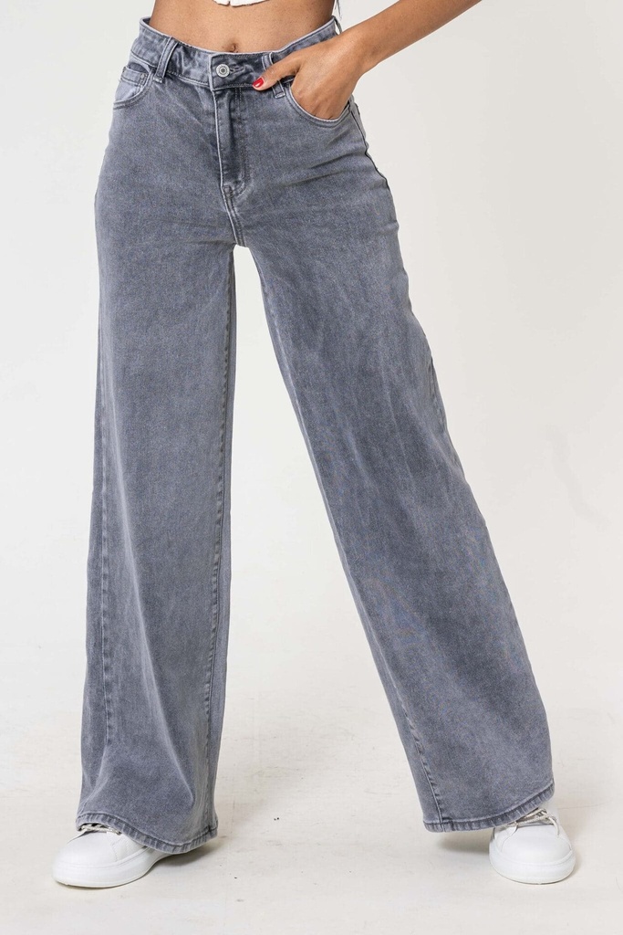 Jeans wide leg uni taille haute - Nathalie - Gris — vue 2