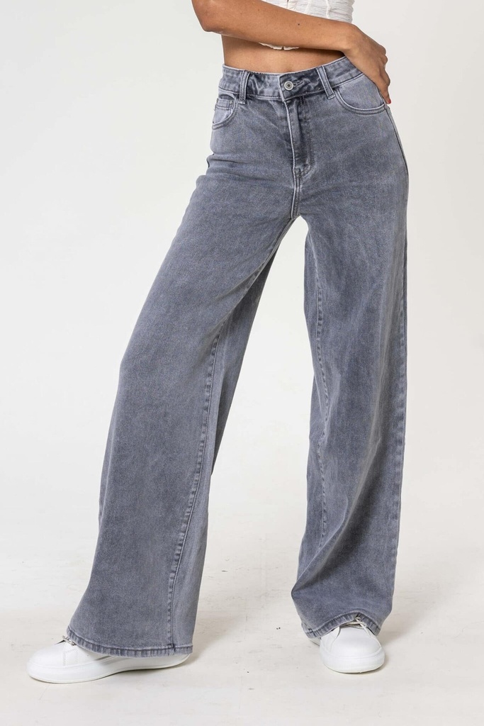 Jeans wide leg uni taille haute - Nathalie - Gris — vue 3