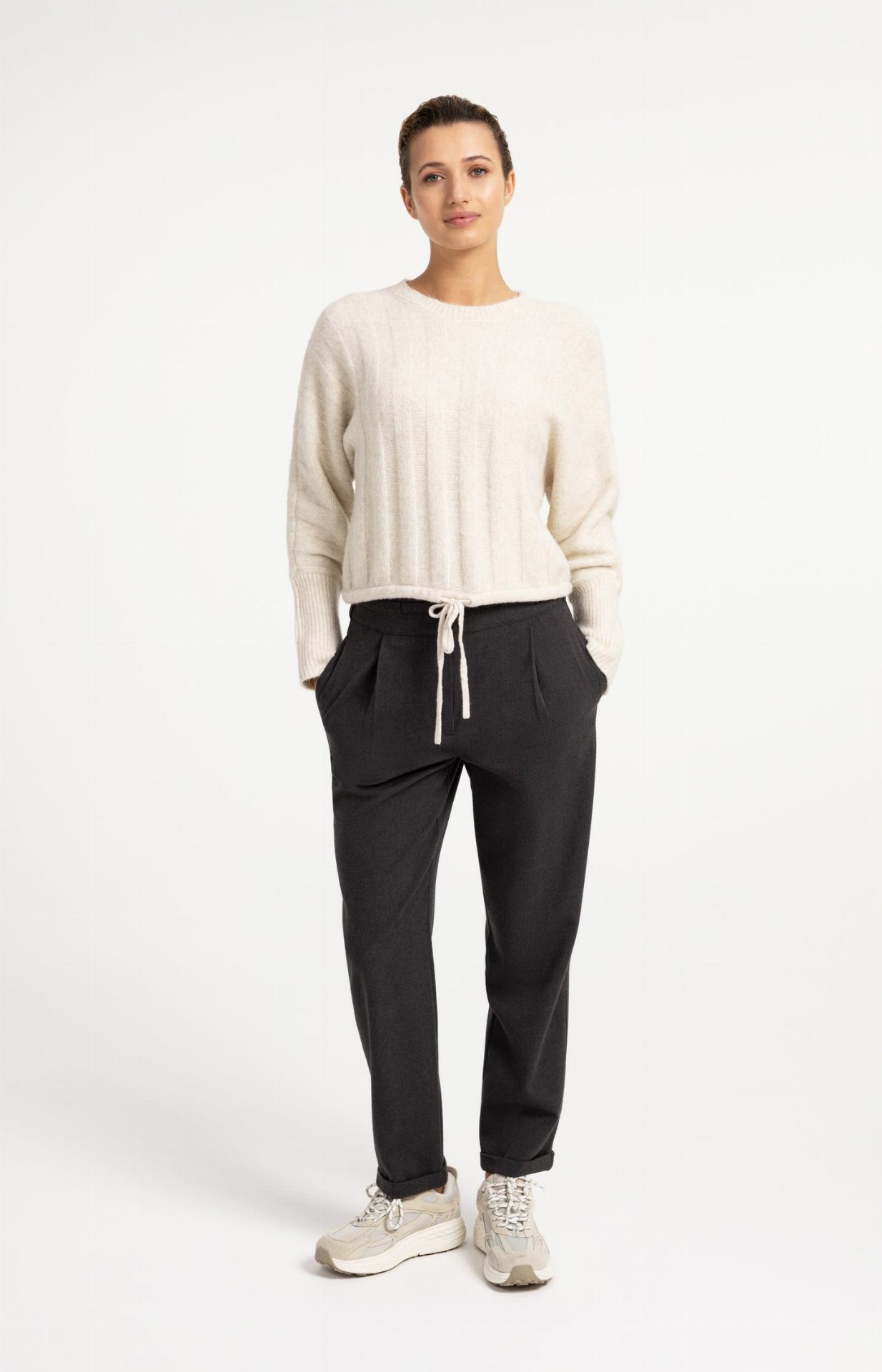 Pull avec manches chauve-souris et cordon de serrage - YAYA - Off White Melange (8)