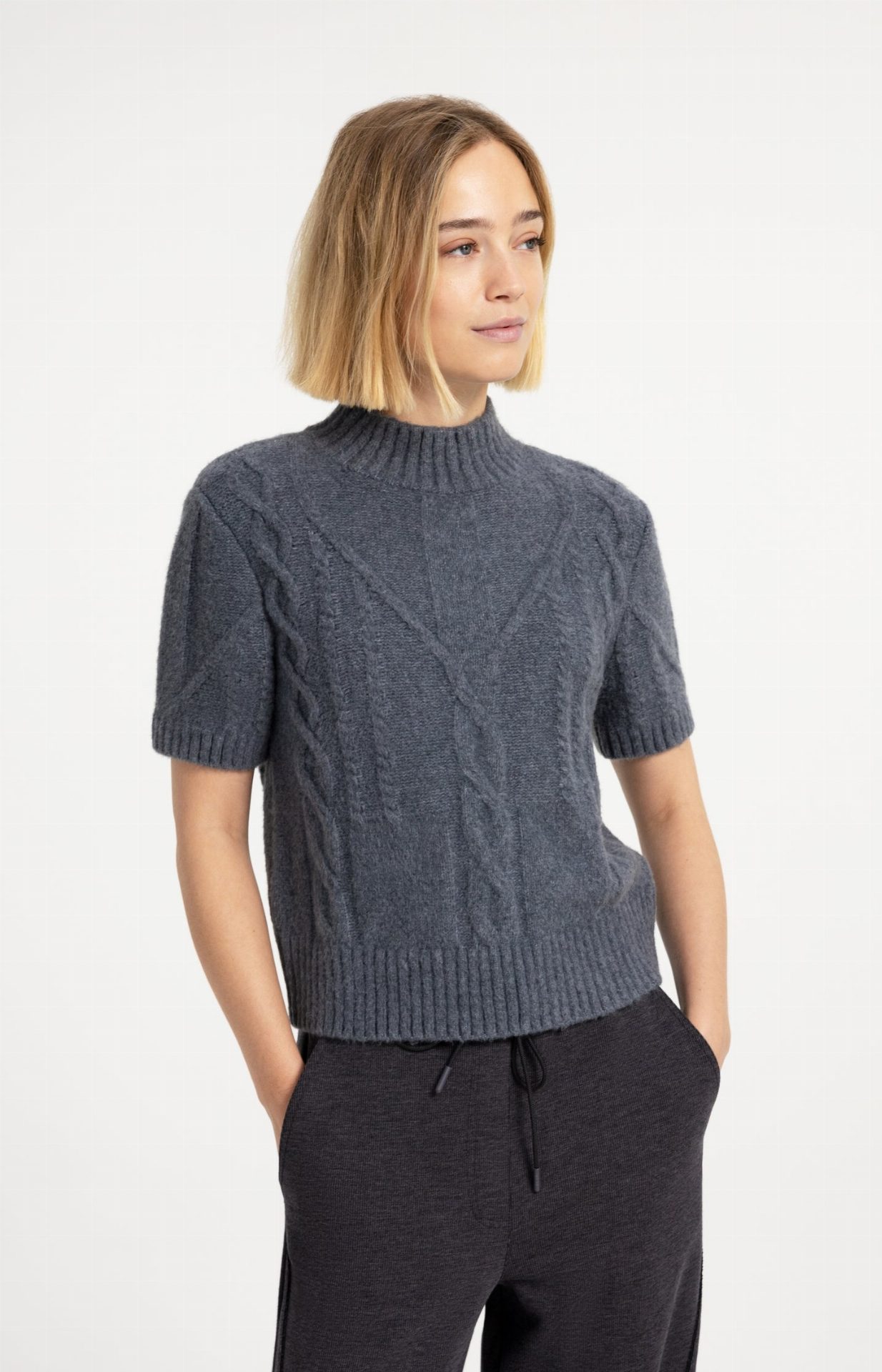 Pull en maille torsadée à manches courtes - YAYA - Arctic Seal Grey Melange (3)