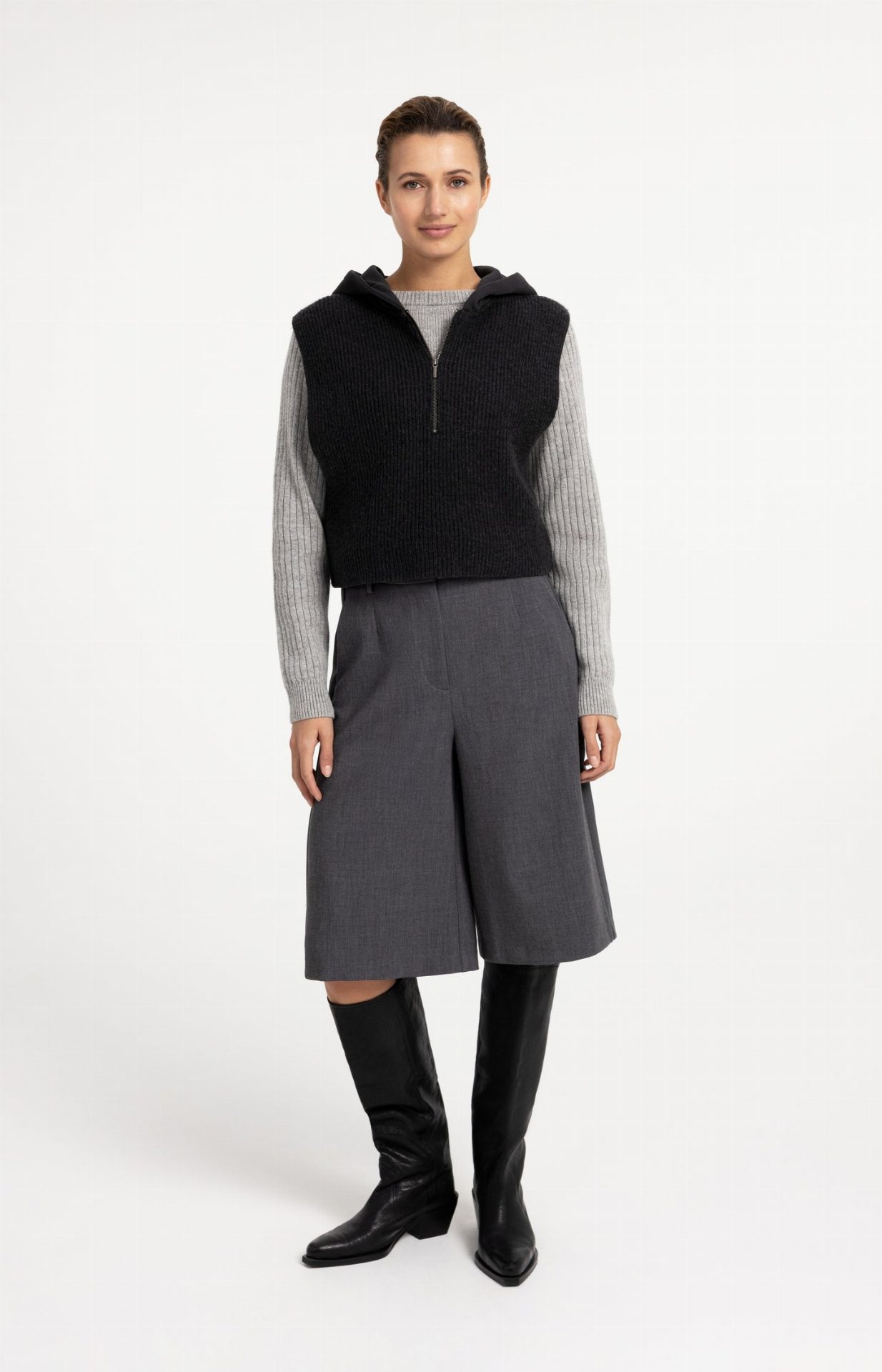 Haut en maille sans manches avec capuche en jersey - YAYA - Hole Black (6)
