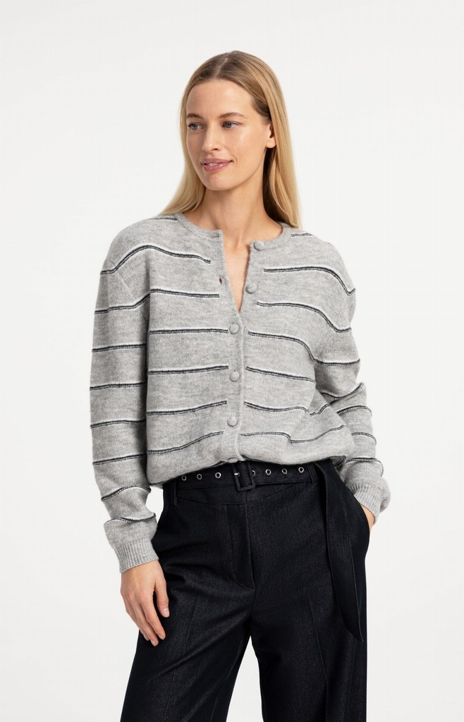 Cardigan rayé en maille avec lien à nouer - YAYA - Medium Grey Melange (3)