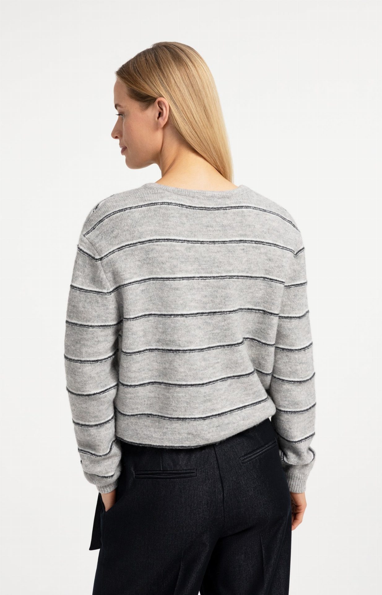Cardigan rayé en maille avec lien à nouer - YAYA - Medium Grey Melange (4)